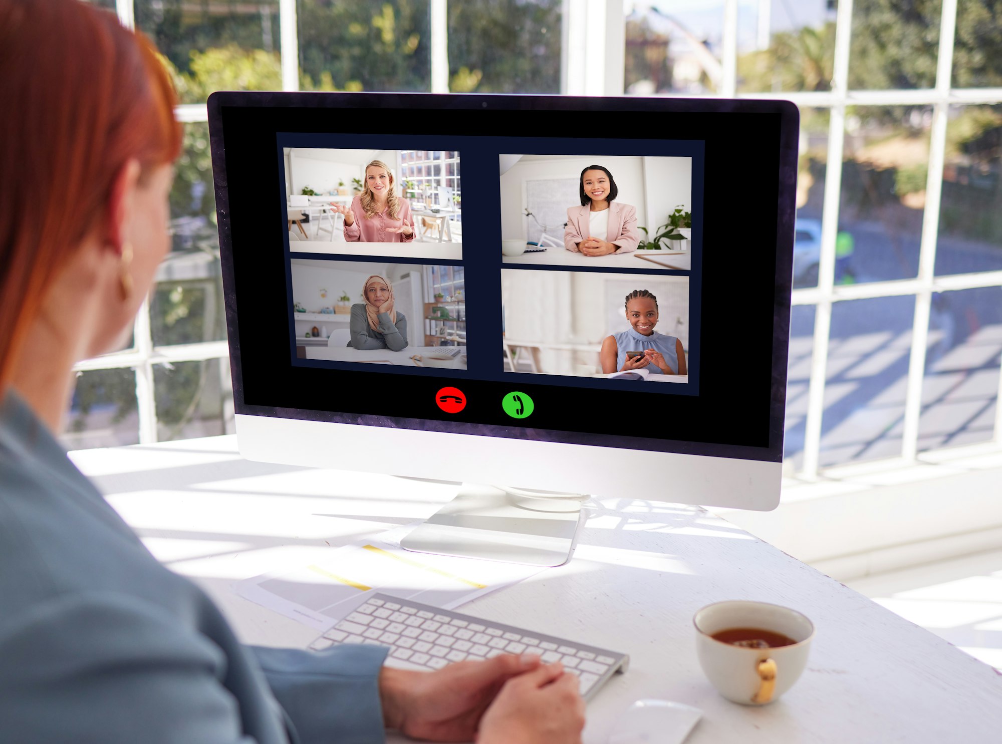 Business woman, video call and computer in a office for a discussion, zoom and webinar for a virtua